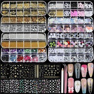 Nail Art Kit 8 Boxes Rhinestones Charms Stickers Gems